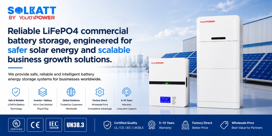 YouthPOWER all-in-one LiFePO4 commercial battery storage system, UL/CE/IEC/UN38.3 certified, plug-and-play, factory-direct wholesale, 5–10 year warranty.