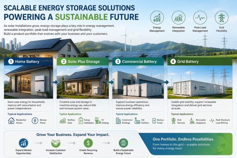 Scalable energy storage solutions from home battery to grid battery, supporting solar, commercial, and renewable energy applications.