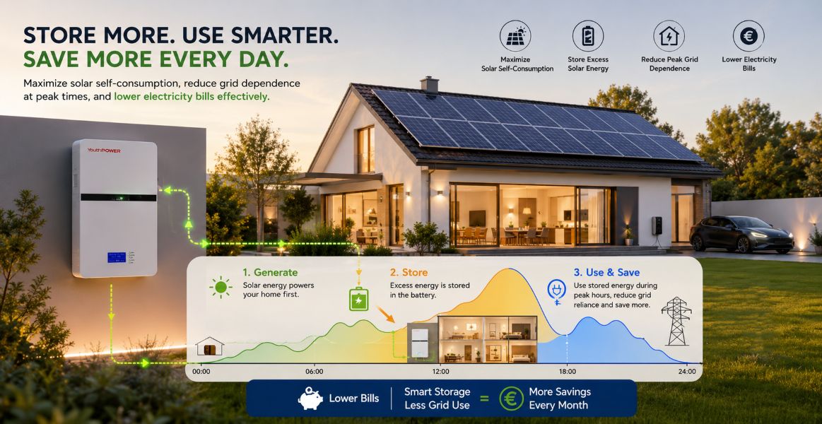 How energy storage batteries increase solar self-consumption rates, reduce reliance on grid electricity, and lower electricity bills