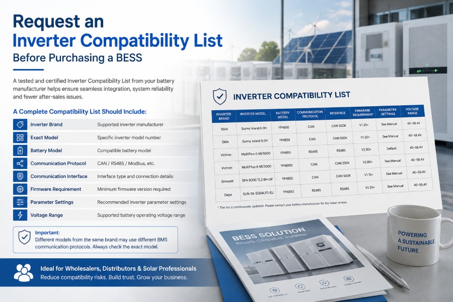 Inverter compatibility checklist for BESS purchasing, covering brand, model, communication protocol, and firmware requirements.