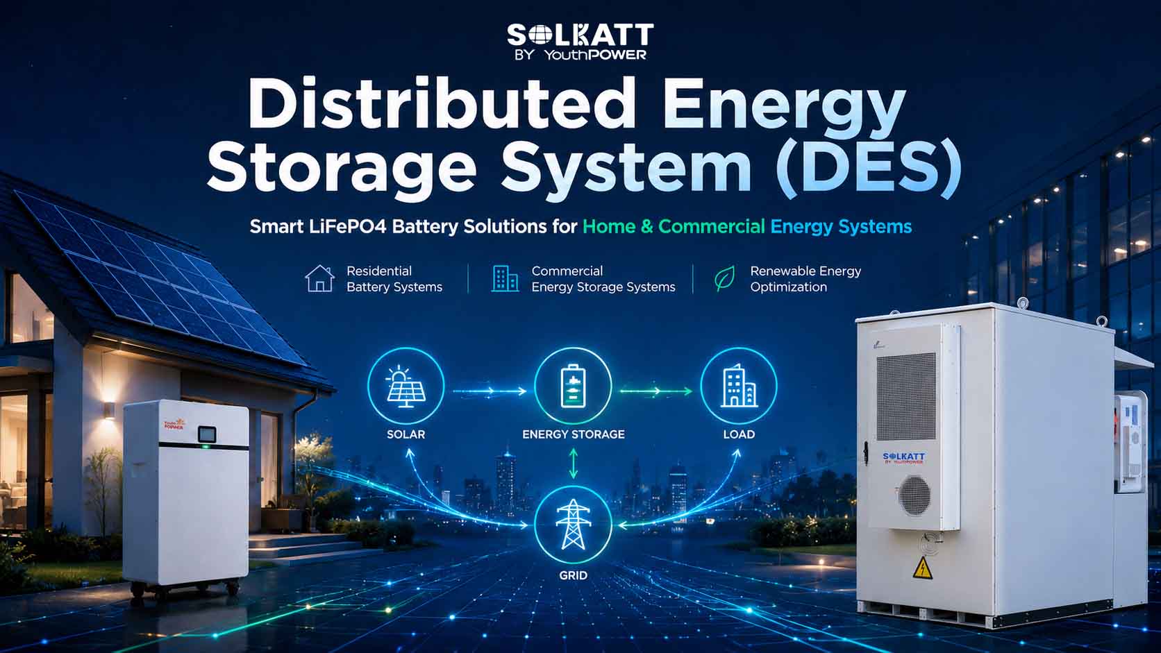 Distributed energy storage system with LiFePO4 solar batteries for residential and commercial renewable energy storage