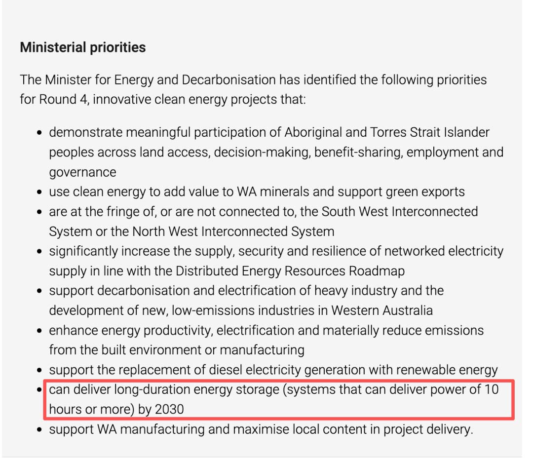 Western Australia focus on long duration storage