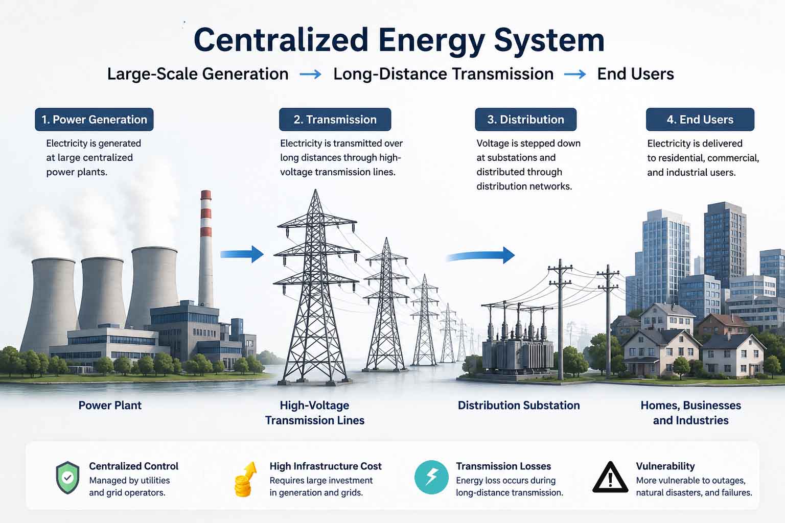 Centralized energy system diagram showing large power plants transmitting electricity over long distances to consumers