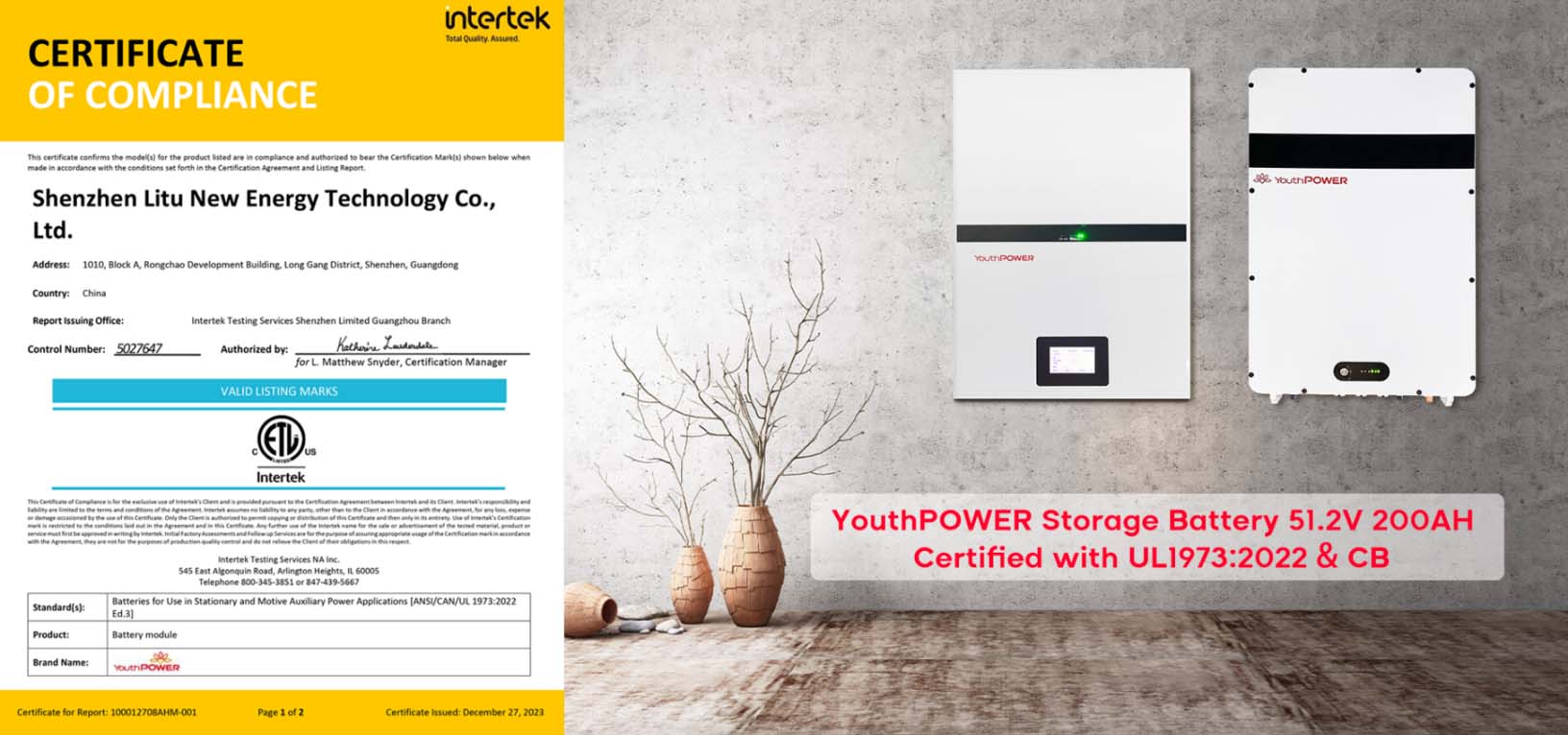 YouthPOWER UL 1973 IEC 62619 Certifications for 10kwh 51.2V 200Ah
