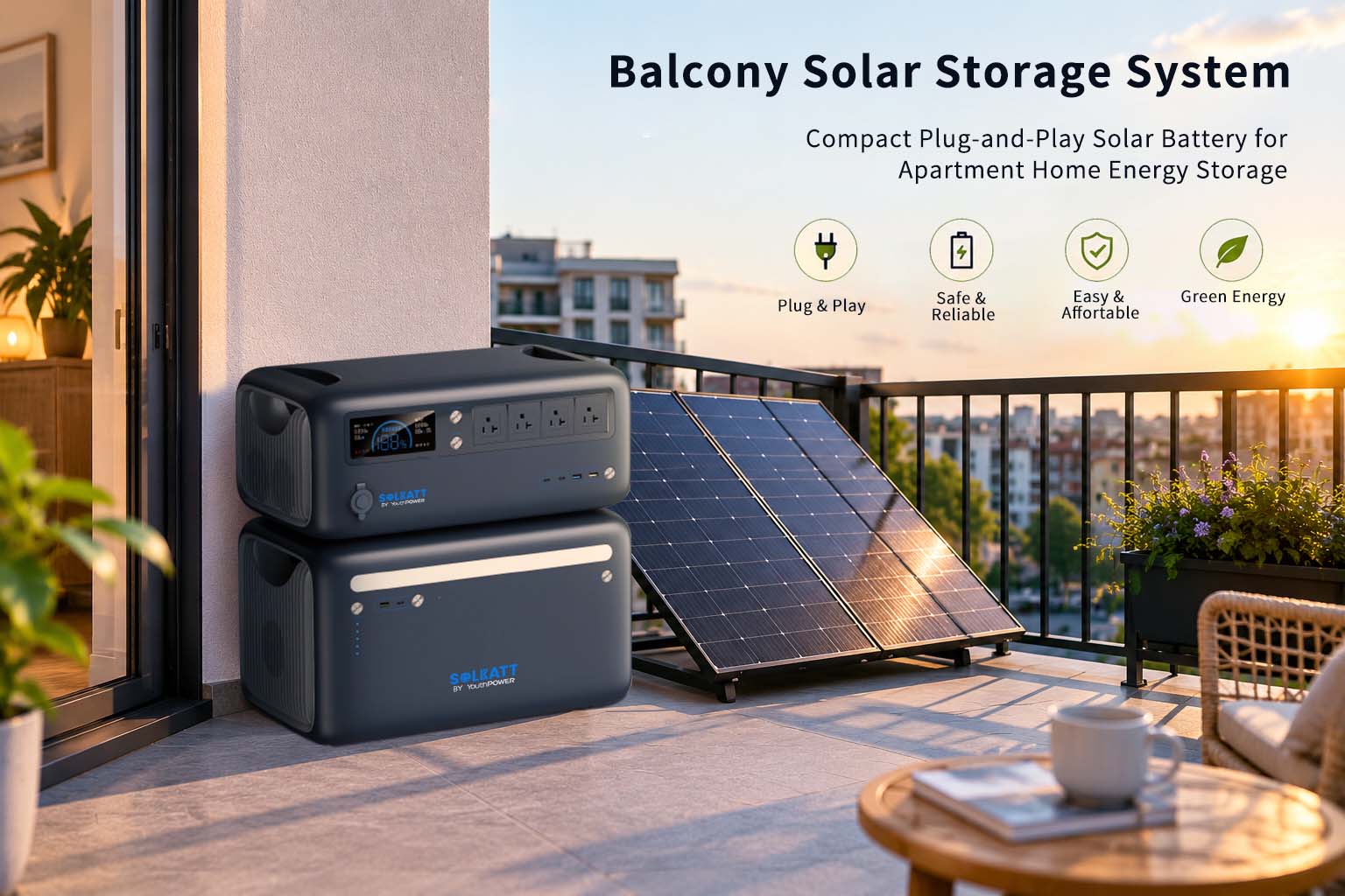 balcony solar storage system installed on apartment balcony with solar panels and battery for home energy storage