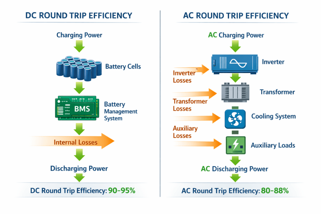 battery round trip efficiency diagram showing energy charged vs energy discharged in lithium battery storage system