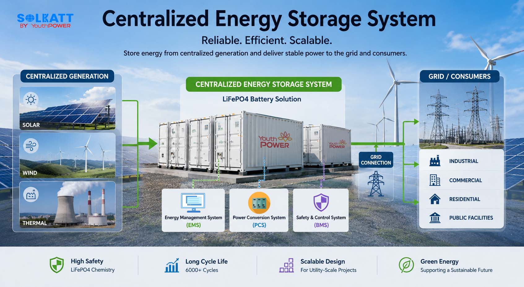 Diagram showing centralized energy storage system with solar, wind, and grid integration for utility-scale energy storage