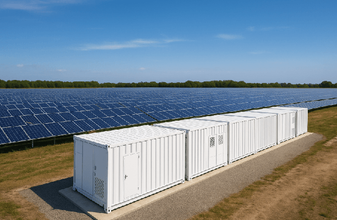 Real-world containerized battery energy storage system (BESS) at a commercial solar project