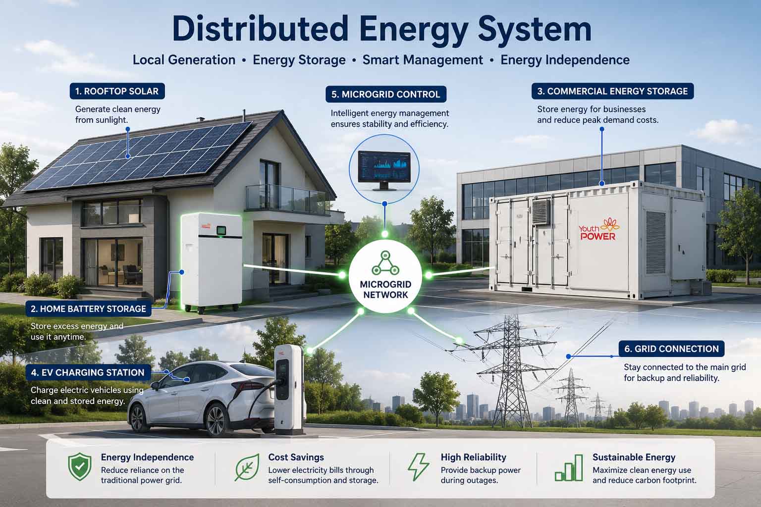 Distributed energy system with rooftop solar panels, battery storage, microgrids and local energy generation