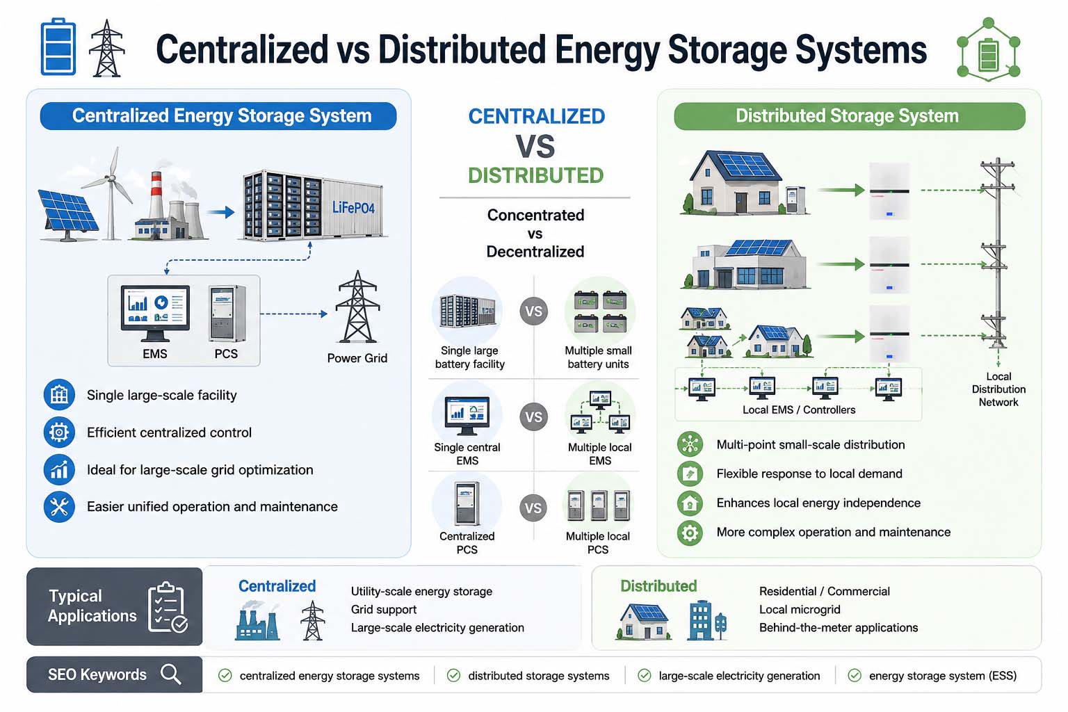 Comparison between centralized energy storage systems and distributed storage systems for utility-scale and local applications
