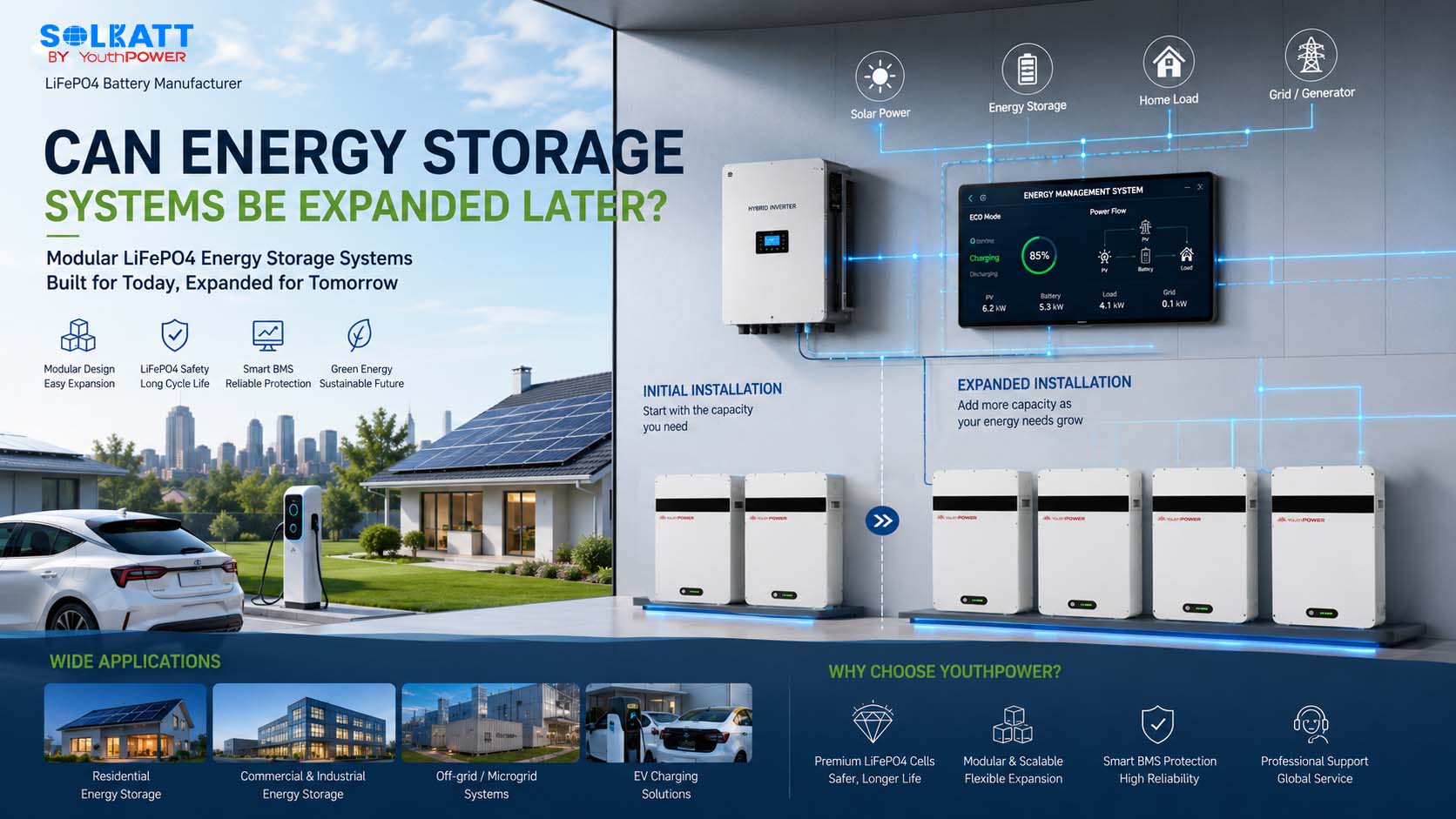 Expandable LiFePO4 energy storage system for scalable residential and commercial solar projects