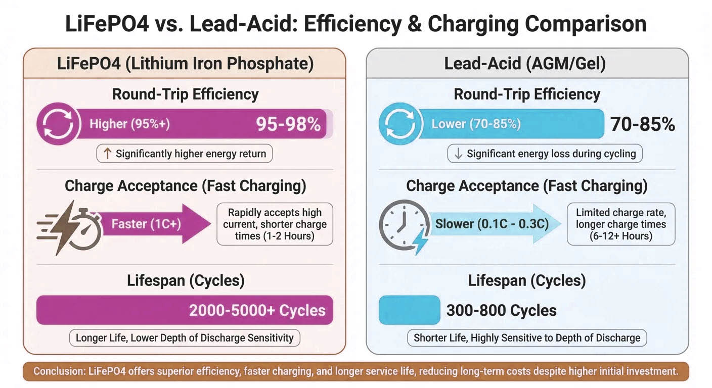 LiFePO4 vs lead acid battery efficiency comparison showing higher round trip efficiency of lithium iron phosphate batteries