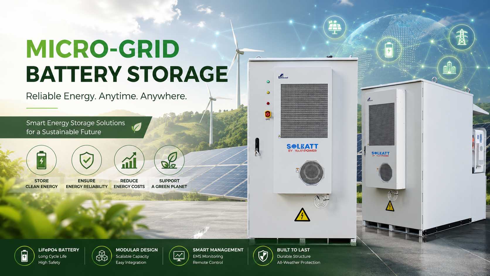 Microgrid battery storage system with LiFePO4 batteries for renewable energy applications