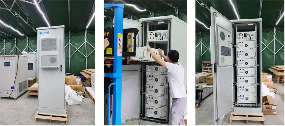 modular solar battery storage system connected with solar panels for commercial energy storage