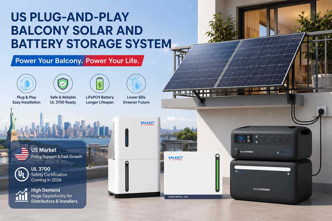 Plug-and-play balcony solar system with LiFePO4 battery storage for residential energy use in the USA