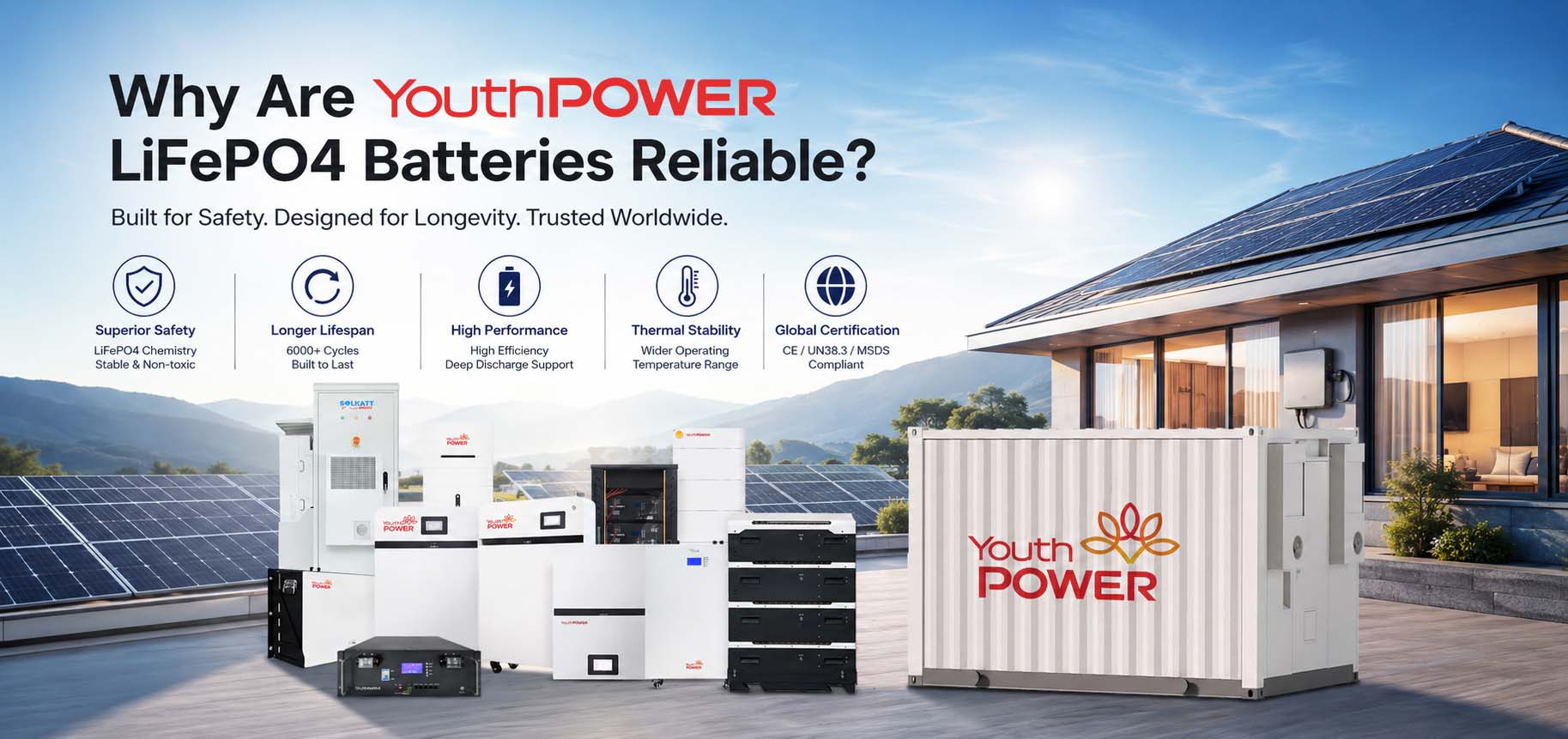 YouthPOWER LiFePO4 batteries for commercial and residential solar energy storage solutions