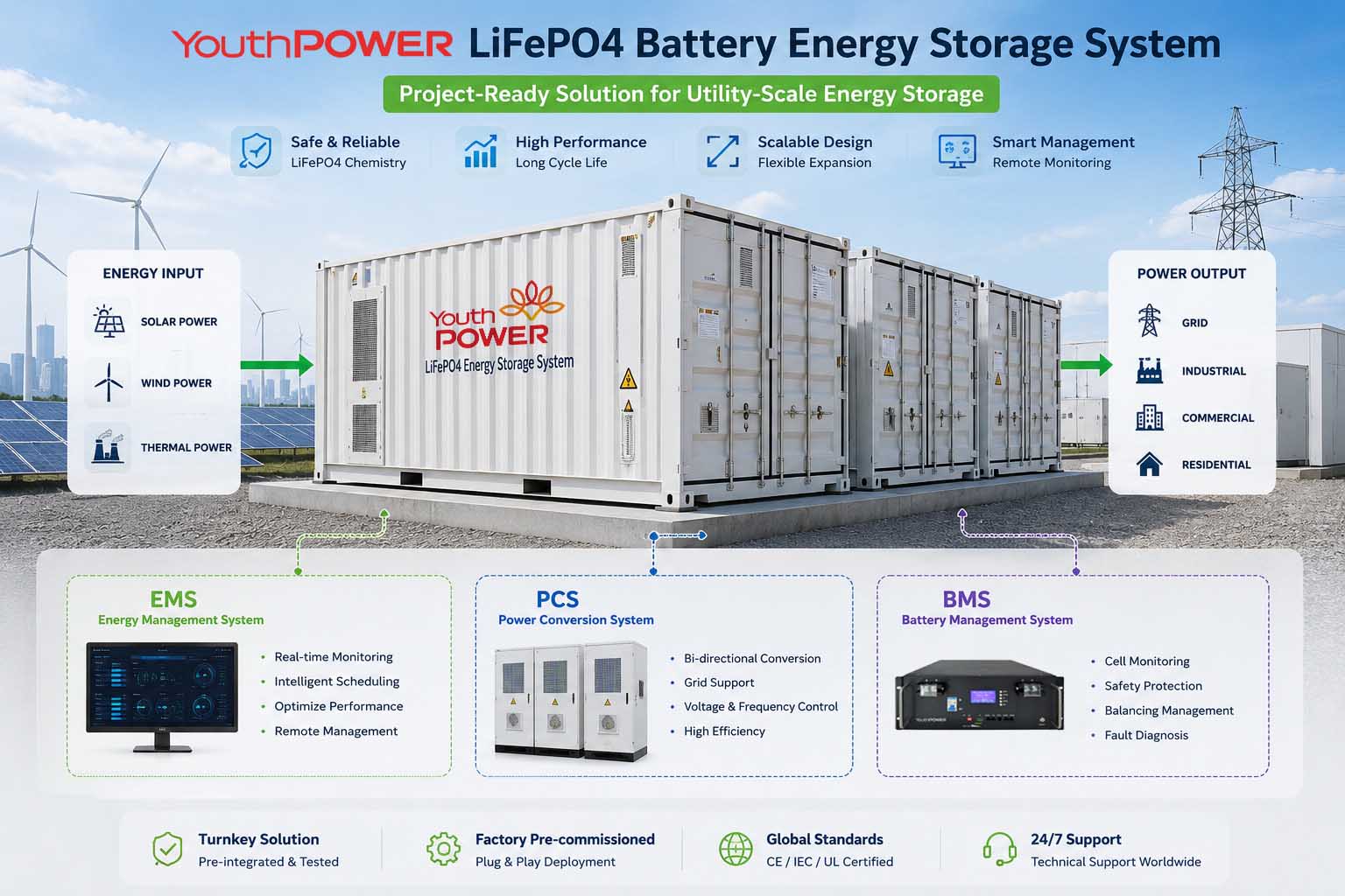 YouthPOWER LiFePO4 battery energy storage system with EMS, PCS, and BMS integration for utility-scale centralized energy storage projects