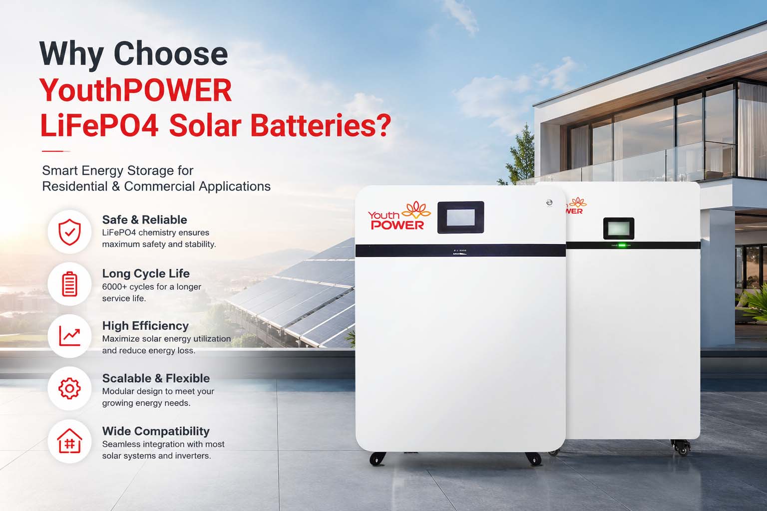 YouthPOWER LiFePO4 solar battery for residential 
and commercial energy storage