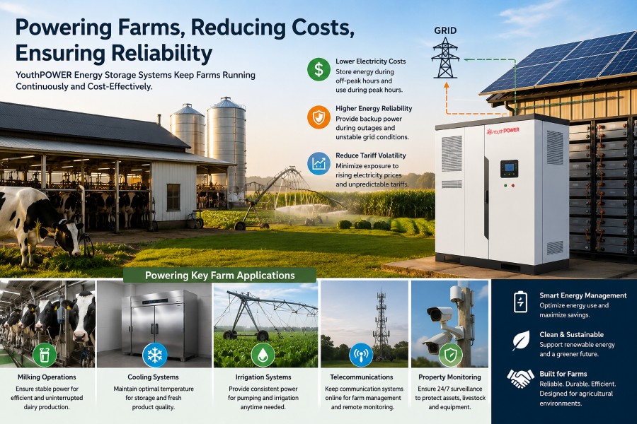 YouthPOWER battery storage powering solar energy for modern farm operations.